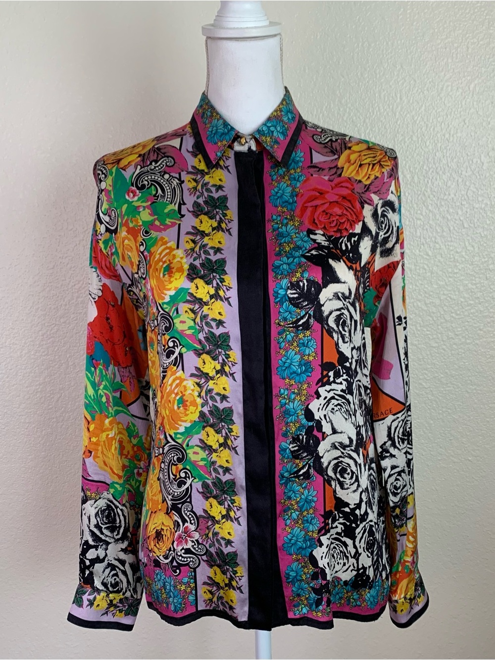 Versace 100% Silk Blouse Shirt Floral Vintage 1990s Baroque Patchwork Button Up